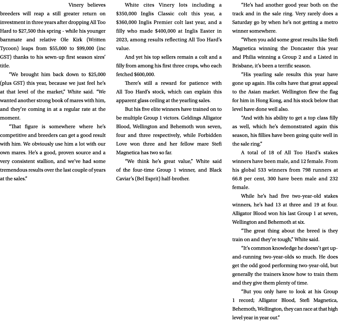 Vinery believes breeders will reap a still greater return on investment in three years after dropping All Too Hard to...