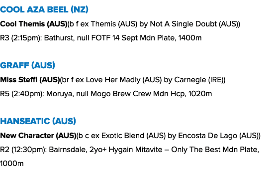 Cool Aza Beel (NZ) Cool Themis (AUS)(b f ex Themis (AUS) by Not A Single Doubt (AUS)) R3 (2:15pm): Bathurst, null FOT...
