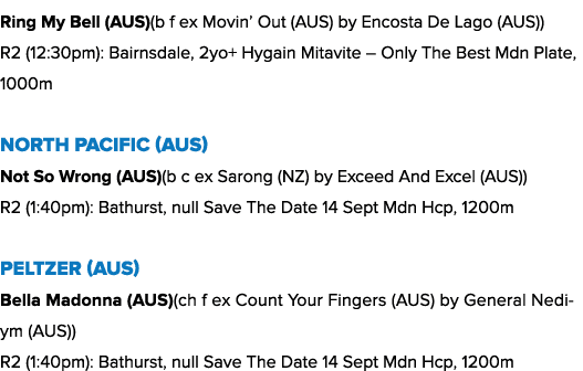 Ring My Bell (AUS)(b f ex Movin’ Out (AUS) by Encosta De Lago (AUS)) R2 (12:30pm): Bairnsdale, 2yo+ Hygain Mitavite –...