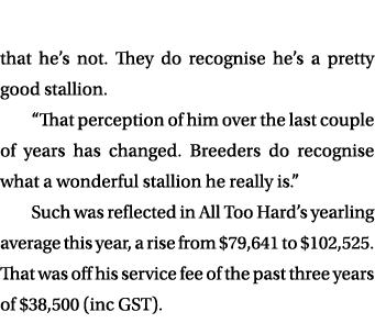 that he’s not. They do recognise he’s a pretty good stallion. “That perception of him over the last couple of years h...