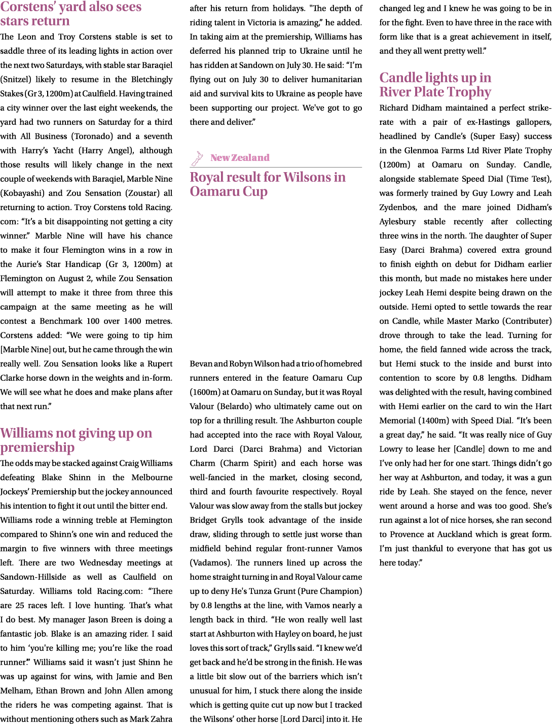 Corstens’ yard also sees stars return The Leon and Troy Corstens stable is set to saddle three of its leading lights ...
