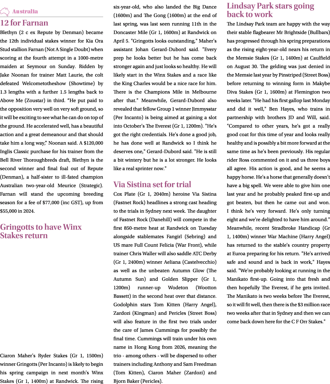 ￼ 12 for Farnan Blethyn (2 c ex Repute by Denman) became the 12th individual stakes winner for Kia Ora Stud stallion ...