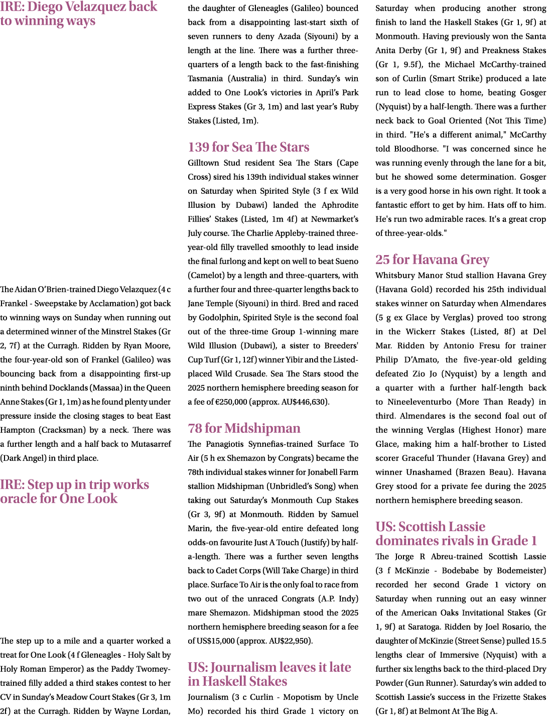 IRE: Diego Velazquez back to winning ways The Aidan O’Brien trained Diego Velazquez (4 c Frankel Sweepstake by Acclam...