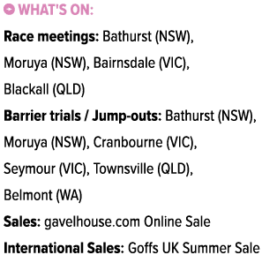 ￼ What's on: Race meetings: Bathurst (NSW), Moruya (NSW), Bairnsdale (VIC), Blackall (QLD) Barrier trials / Jump outs...