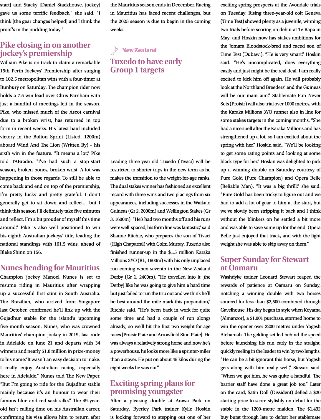 start] and Stacky [Daniel Stackhouse, jockey] gave us some terrific feedback,\“ she said. \"I think [the gear changes...