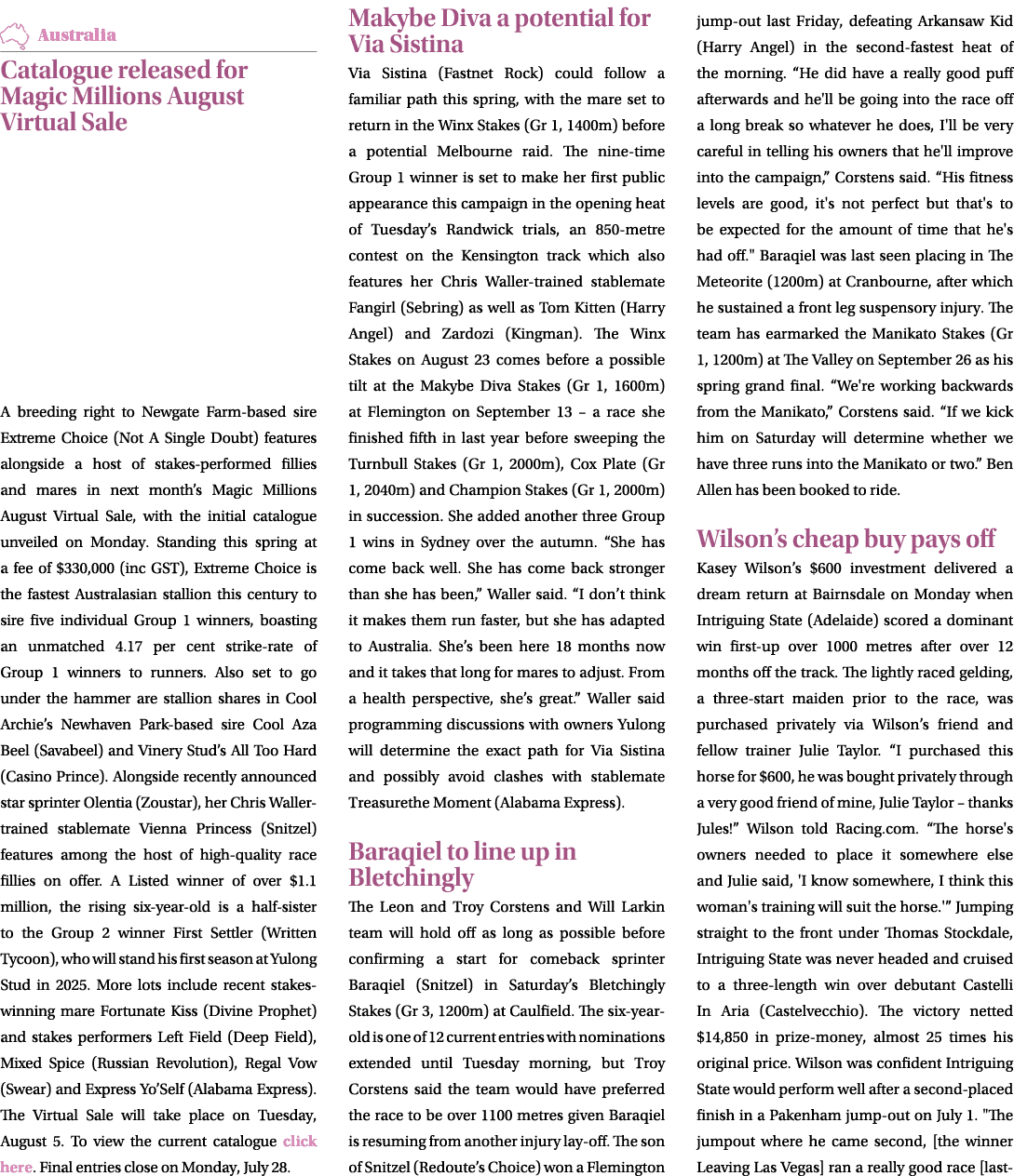 ￼ Catalogue released for Magic Millions August Virtual Sale A breeding right to Newgate Farm based sire Extreme Choic...