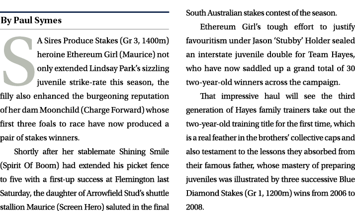 ￼ SA Sires Produce Stakes (Gr 3, 1400m) heroine Ethereum Girl (Maurice) not only extended Lindsay Park’s sizzling juv...
