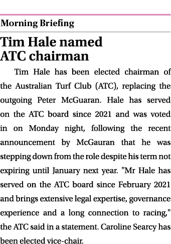  ￼ Tim Hale named ATC chairman Tim Hale has been elected chairman of the Australian Turf Club (ATC), replacing the ou...