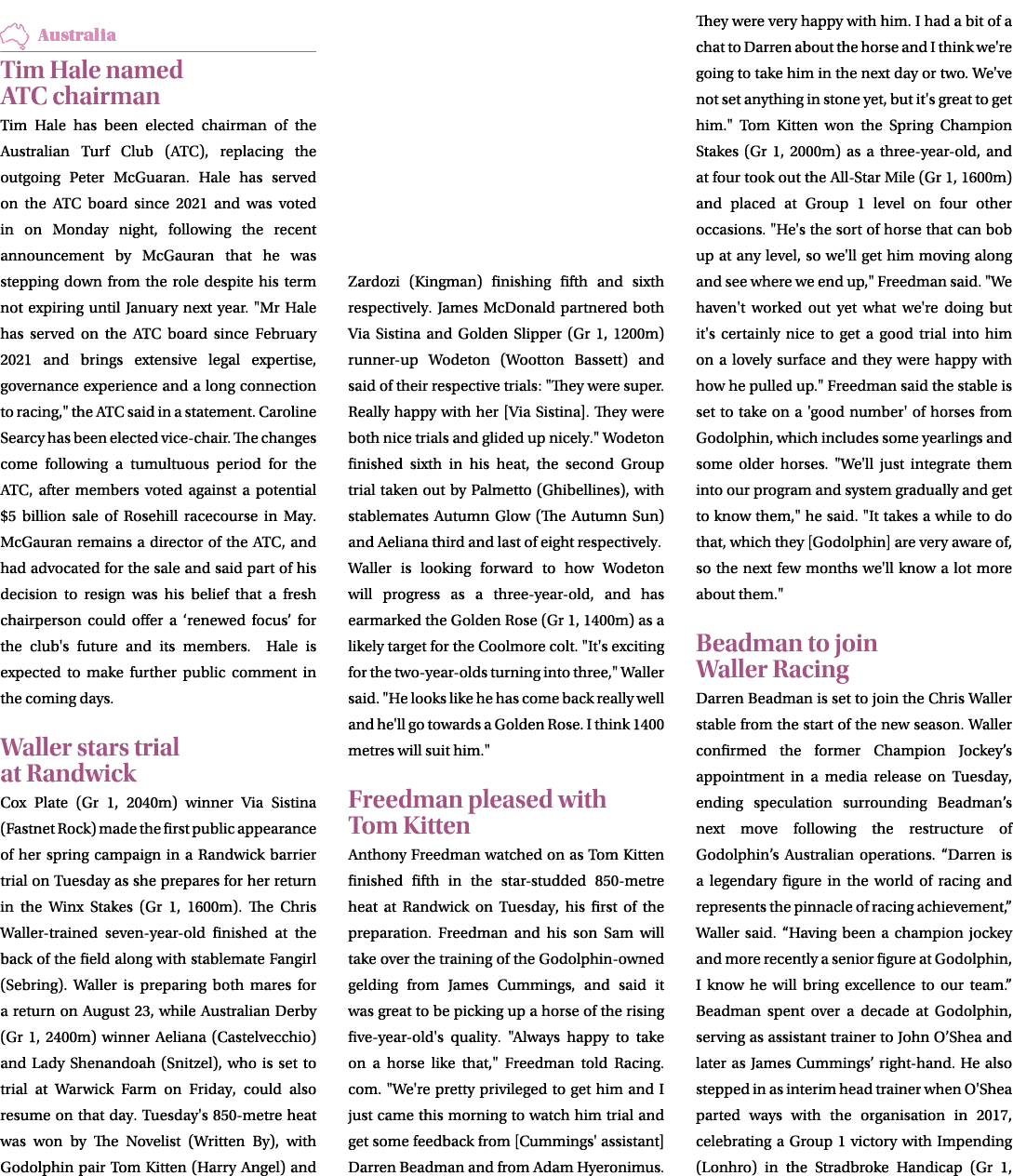 ￼ Tim Hale named ATC chairman Tim Hale has been elected chairman of the Australian Turf Club (ATC), replacing the out...