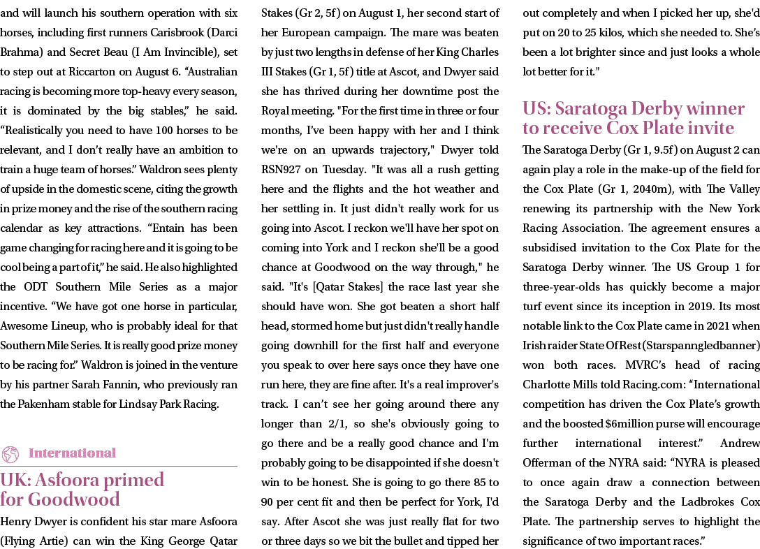 and will launch his southern operation with six horses, including first runners Carisbrook (Darci Brahma) and Secret ...
