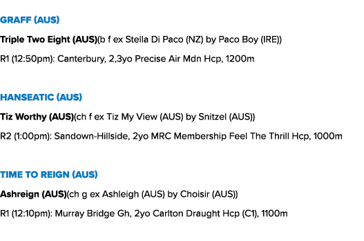 Graff (AUS) Triple Two Eight (AUS)(b f ex Stella Di Paco (NZ) by Paco Boy (IRE)) R1 (12:50pm): Canterbury, 2,3yo Prec...