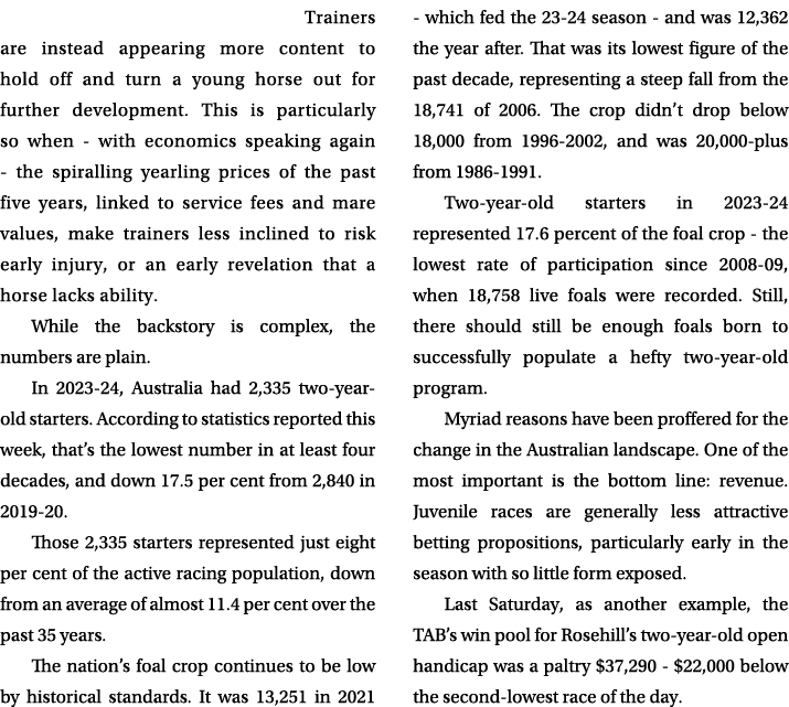  Trainers are instead appearing more content to hold off and turn a young horse out for further development. This is ...