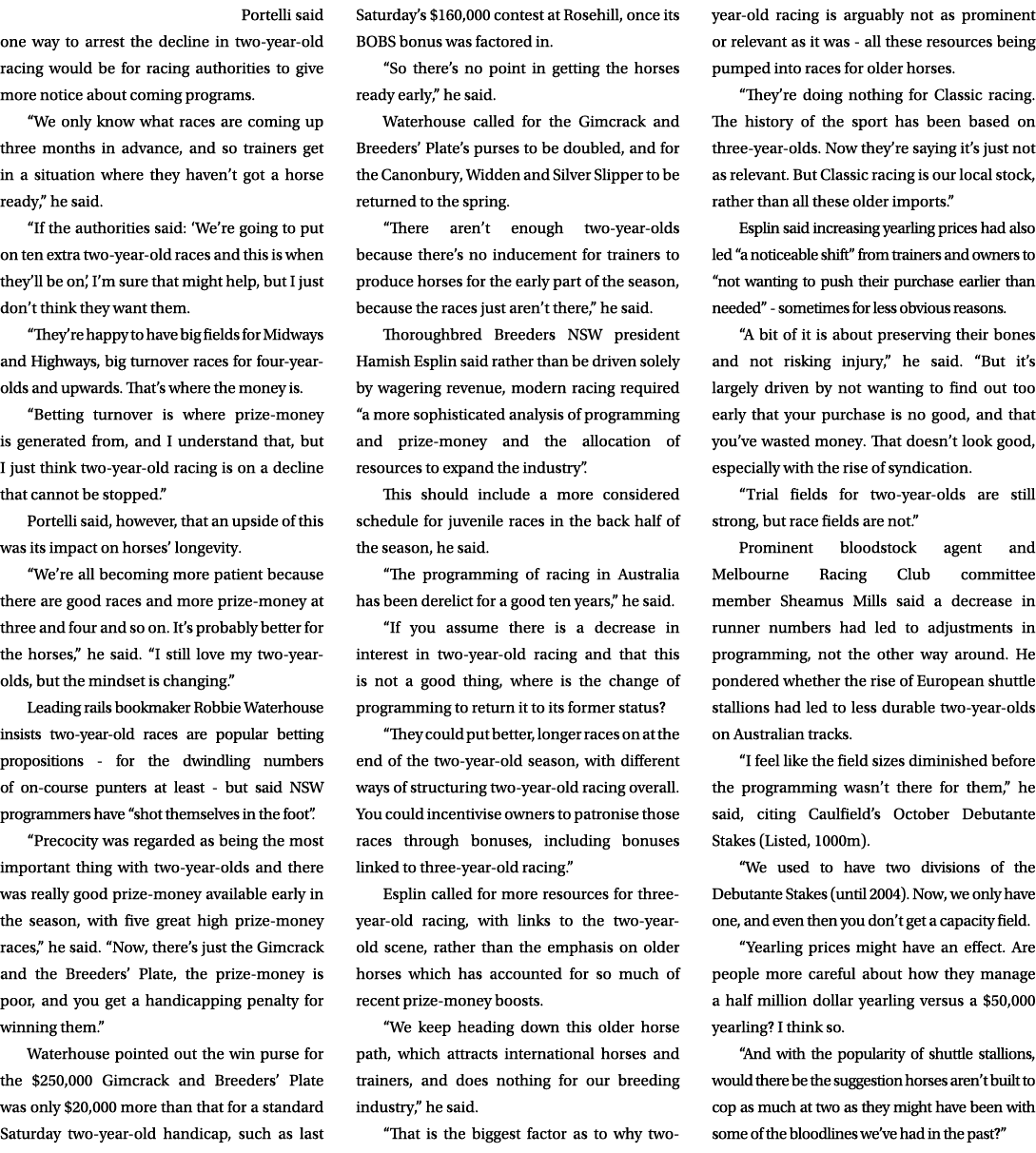 Portelli said one way to arrest the decline in two year old racing would be for racing authorities to give more notic...