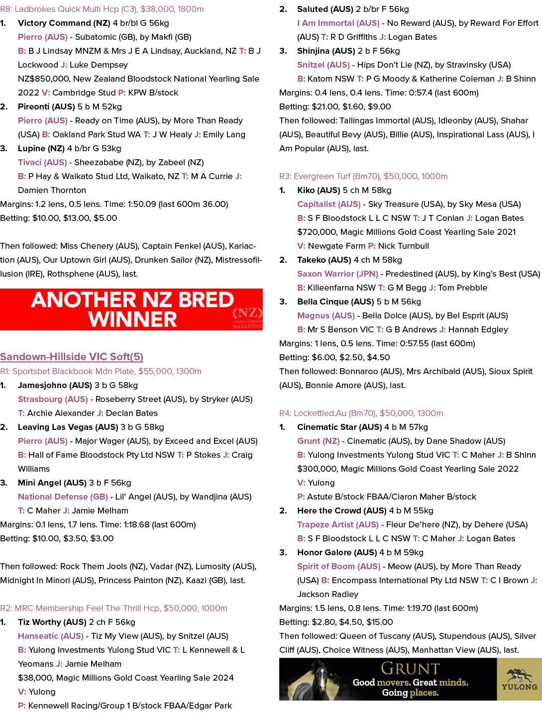 R8: Ladbrokes Quick Multi Hcp (C3), $38,000, 1800m 1. Victory Command (NZ) 4 br/bl G 56kg Pierro (AUS) Subatomic (GB)...