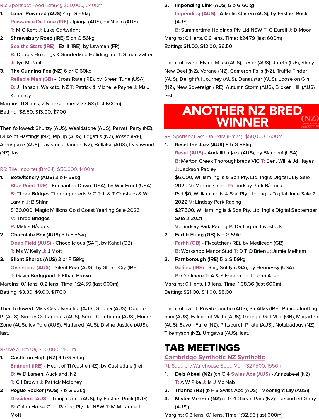 R5: Sportsbet Feed (Bm64), $50,000, 2400m 1. Lunar Powered (AUS) 4 gr G 55kg Puissance De Lune (IRE) Ipioga (AUS), by...
