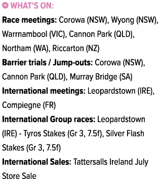 ￼ What's on: Race meetings: Corowa (NSW), Wyong (NSW), Warrnambool (VIC), Cannon Park (QLD), Northam (WA), Riccarton ...