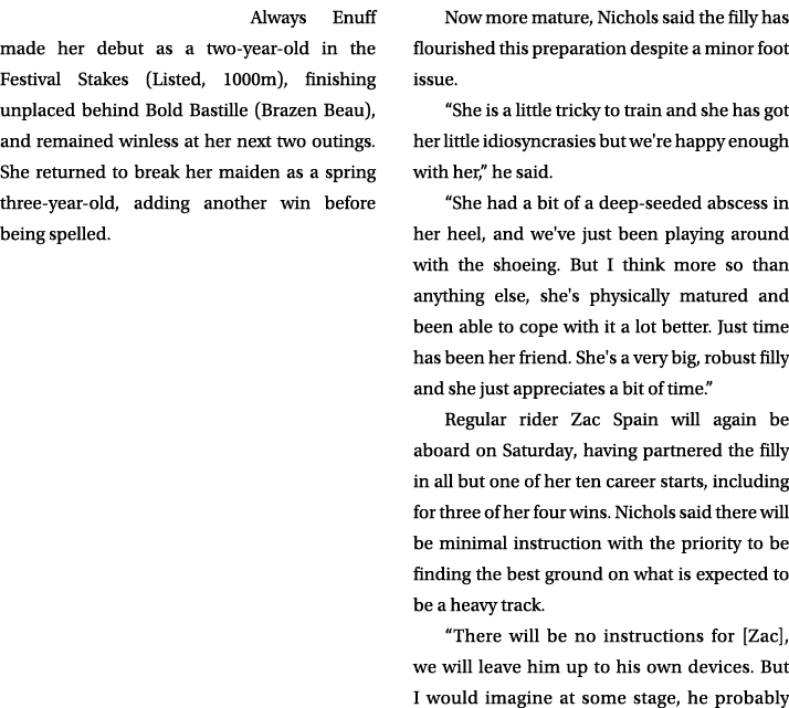 Always Enuff made her debut as a two year old in the Festival Stakes (Listed, 1000m), finishing unplaced behind Bold ...