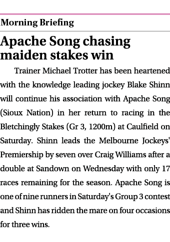  ￼ Apache Song chasing maiden stakes win Trainer Michael Trotter has been heartened with the knowledge leading jockey...