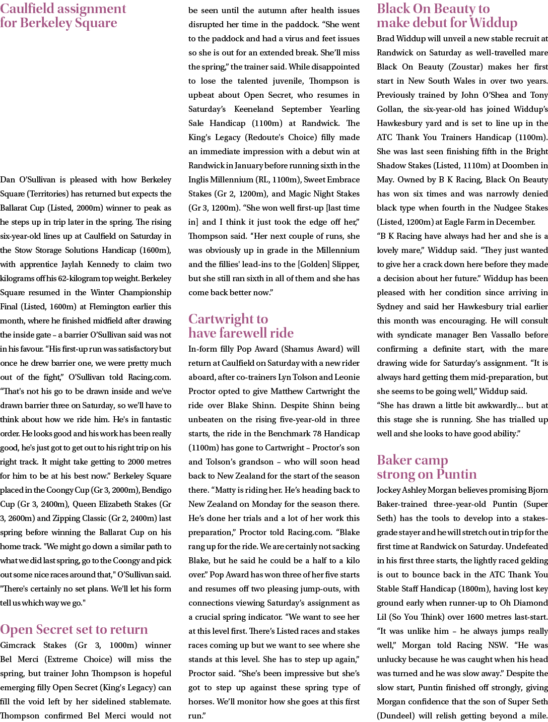 Caulfield assignment for Berkeley Square Dan O’Sullivan is pleased with how Berkeley Square (Territories) has returne...