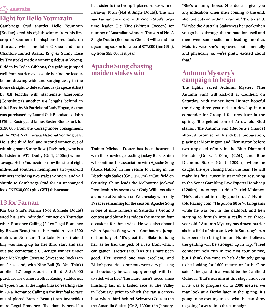 ￼ Eight for Hello Youmzain Cambridge Stud shuttler Hello Youmzain (Kodiac) sired his eighth winner from his first cro...