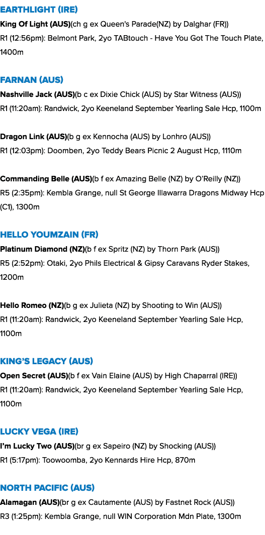 Earthlight (IRE) King Of Light (AUS)(ch g ex Queen's Parade(NZ) by Dalghar (FR)) R1 (12:56pm): Belmont Park, 2yo TABt...