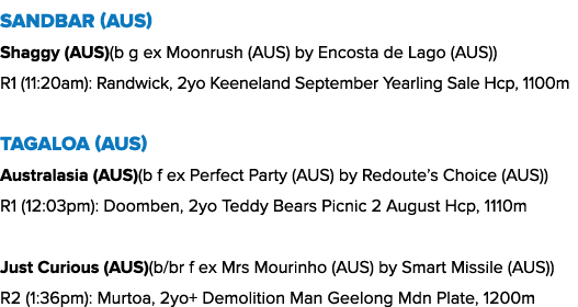 Sandbar (AUS) Shaggy (AUS)(b g ex Moonrush (AUS) by Encosta de Lago (AUS)) R1 (11:20am): Randwick, 2yo Keeneland Sept...