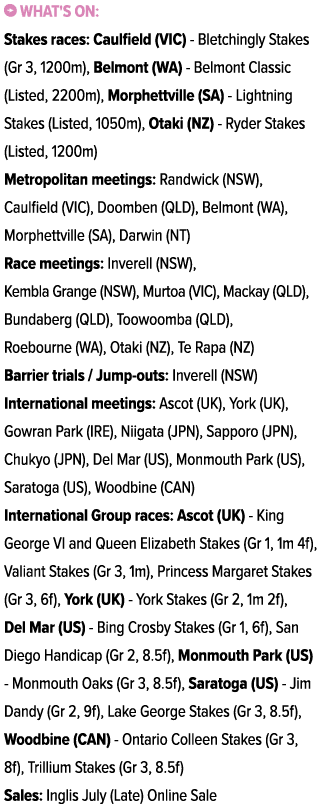 ￼ What's on: Stakes races: Caulfield (VIC) Bletchingly Stakes (Gr 3, 1200m), Belmont (WA) Belmont Classic (Listed, 22...