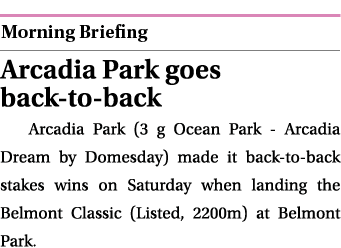  ￼ Arcadia Park goes back to back Arcadia Park (3 g Ocean Park Arcadia Dream by Domesday) made it back to back stakes...