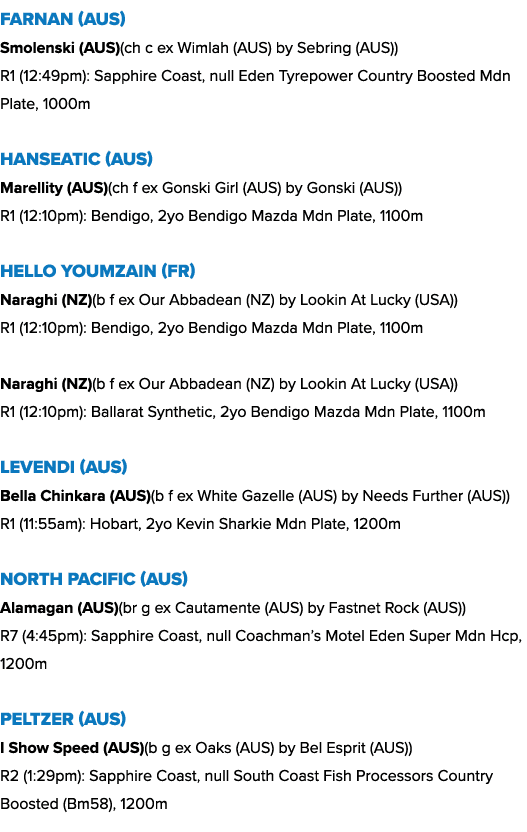 Farnan (AUS) Smolenski (AUS)(ch c ex Wimlah (AUS) by Sebring (AUS)) R1 (12:49pm): Sapphire Coast, null Eden Tyrepower...