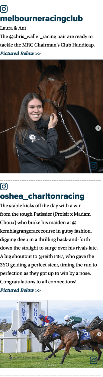 ￼ melbourneracingclub Laura & Ant The @chris_waller_racing pair are ready to tackle the MRC Chairman’s Club Handicap....