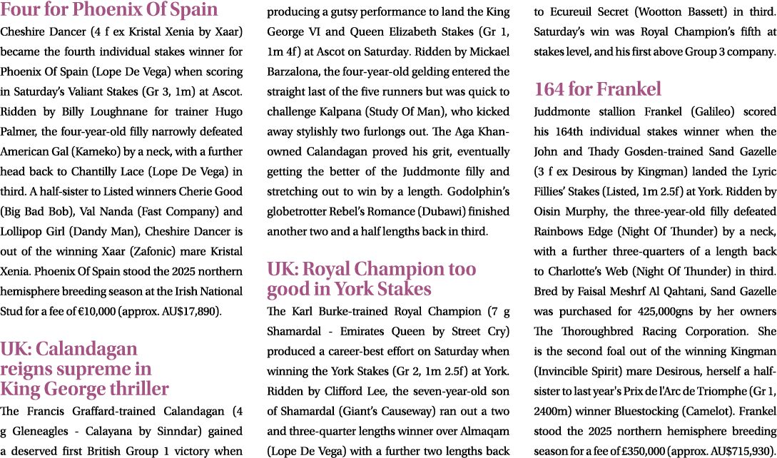 Four for Phoenix Of Spain Cheshire Dancer (4 f ex Kristal Xenia by Xaar) became the fourth individual stakes winner f...