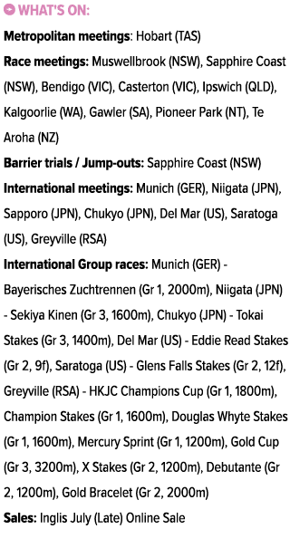 ￼ What's on: Metropolitan meetings: Hobart (TAS) Race meetings: Muswellbrook (NSW), Sapphire Coast (NSW), Bendigo (VI...