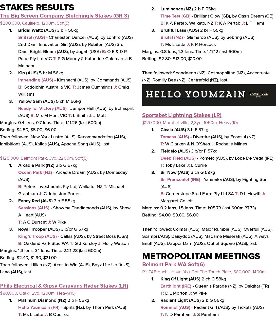 Stakes Results The Big Screen Company Bletchingly Stakes (GR 3) $200,000, Caulfield, 1200m, Soft(5) 1. Bridal Waltz (...