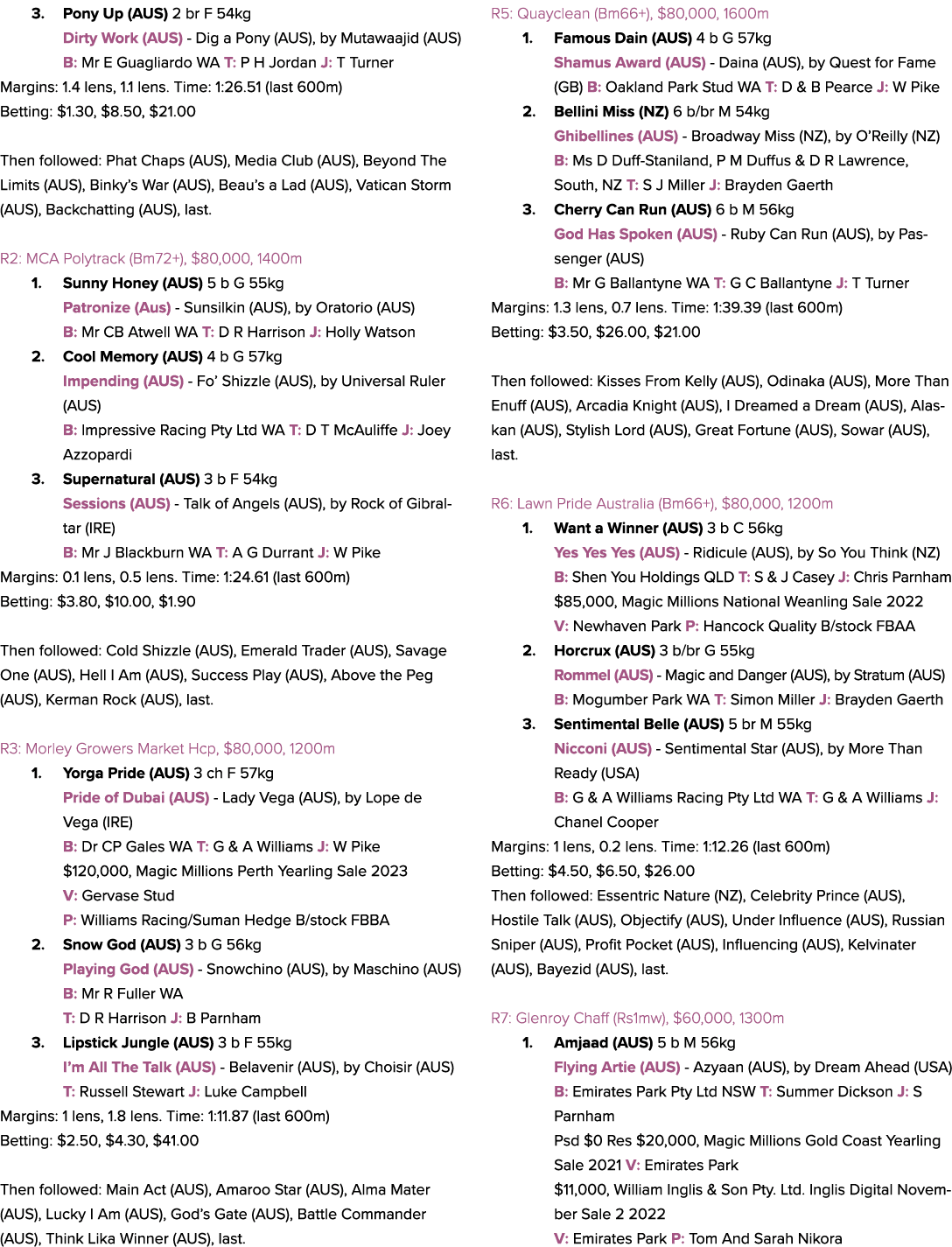 3. Pony Up (AUS) 2 br F 54kg Dirty Work (AUS) Dig a Pony (AUS), by Mutawaajid (AUS) B: Mr E Guagliardo WA T: P H Jord...