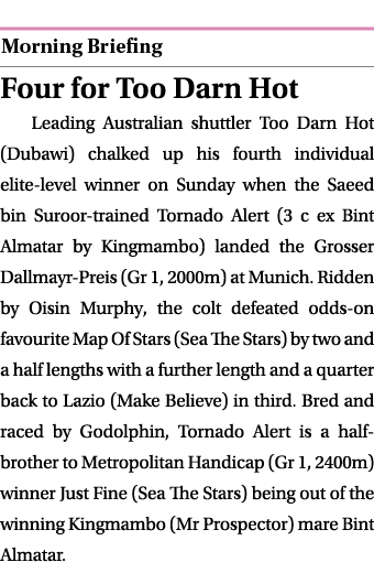  ￼ Four for Too Darn Hot Leading Australian shuttler Too Darn Hot (Dubawi) chalked up his fourth individual elite lev...