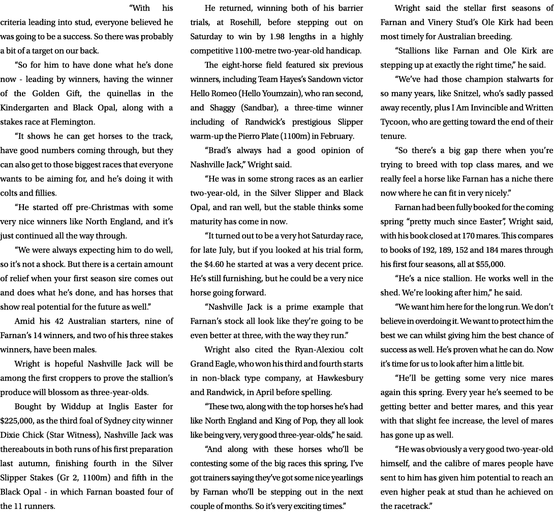 “With his criteria leading into stud, everyone believed he was going to be a success. So there was probably a bit of ...