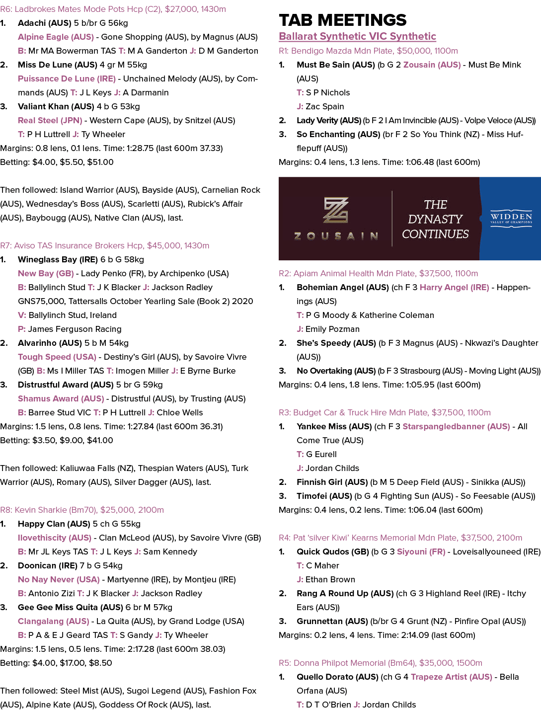R6: Ladbrokes Mates Mode Pots Hcp (C2), $27,000, 1430m 1. Adachi (AUS) 5 b/br G 56kg Alpine Eagle (AUS) Gone Shopping...