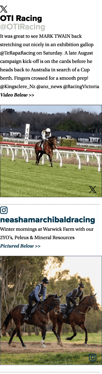 ￼ OTI Racing @OTIRacing It was great to see MARK TWAIN back stretching out nicely in an exhibition gallop @TeRapaRaci...