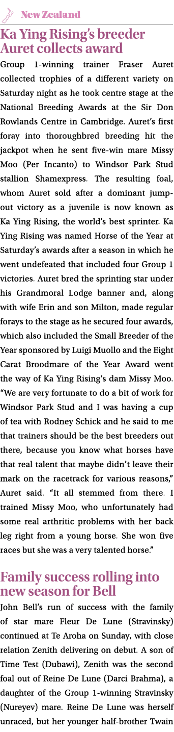 ￼ Ka Ying Rising’s breeder Auret collects award Group 1 winning trainer Fraser Auret collected trophies of a differen...