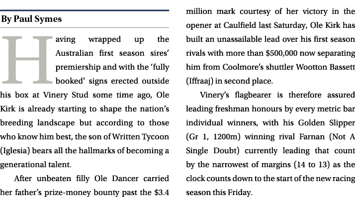 ￼ Having wrapped up the Australian first season sires’ premiership and with the ‘fully booked’ signs erected outside ...