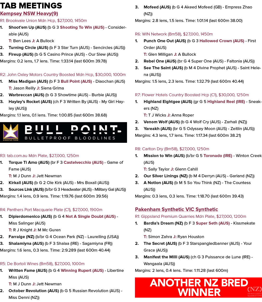 Tab Meetings Kempsey NSW Heavy(9) R1: Brookvale Union Mdn Hcp, $27,000, 1450m 1. Shoot’em Up (AUS) (b G 3 Shooting To...