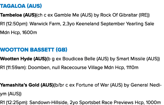 Tagaloa (AUS) Tambeloa (AUS)(ch c ex Gamble Me (AUS) by Rock Of Gibraltar (IRE)) R1 (12:50pm): Warwick Farm, 2,3yo Ke...