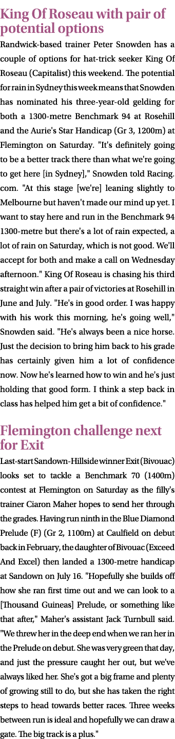 King Of Roseau with pair of potential options Randwick based trainer Peter Snowden has a couple of options for hat tr...