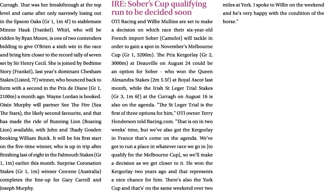 Curragh. That was her breakthrough at the top level and came after only narrowly losing out in the Epsom Oaks (Gr 1, ...