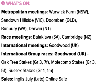 ￼ What's on: Metropolitan meetings: Warwick Farm (NSW), Sandown Hillside (VIC), Doomben (QLD), Bunbury (WA), Darwin (...