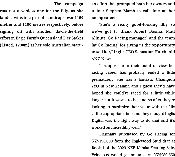 The campaign was not a winless one for the filly, as she landed wins in a pair of handicaps over 1150 metres and 1100...