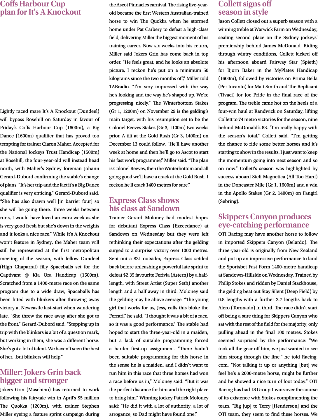 Coffs Harbour Cup plan for It's A Knockout Lightly raced mare It’s A Knockout (Dundeel) will bypass Rosehill on Satur...