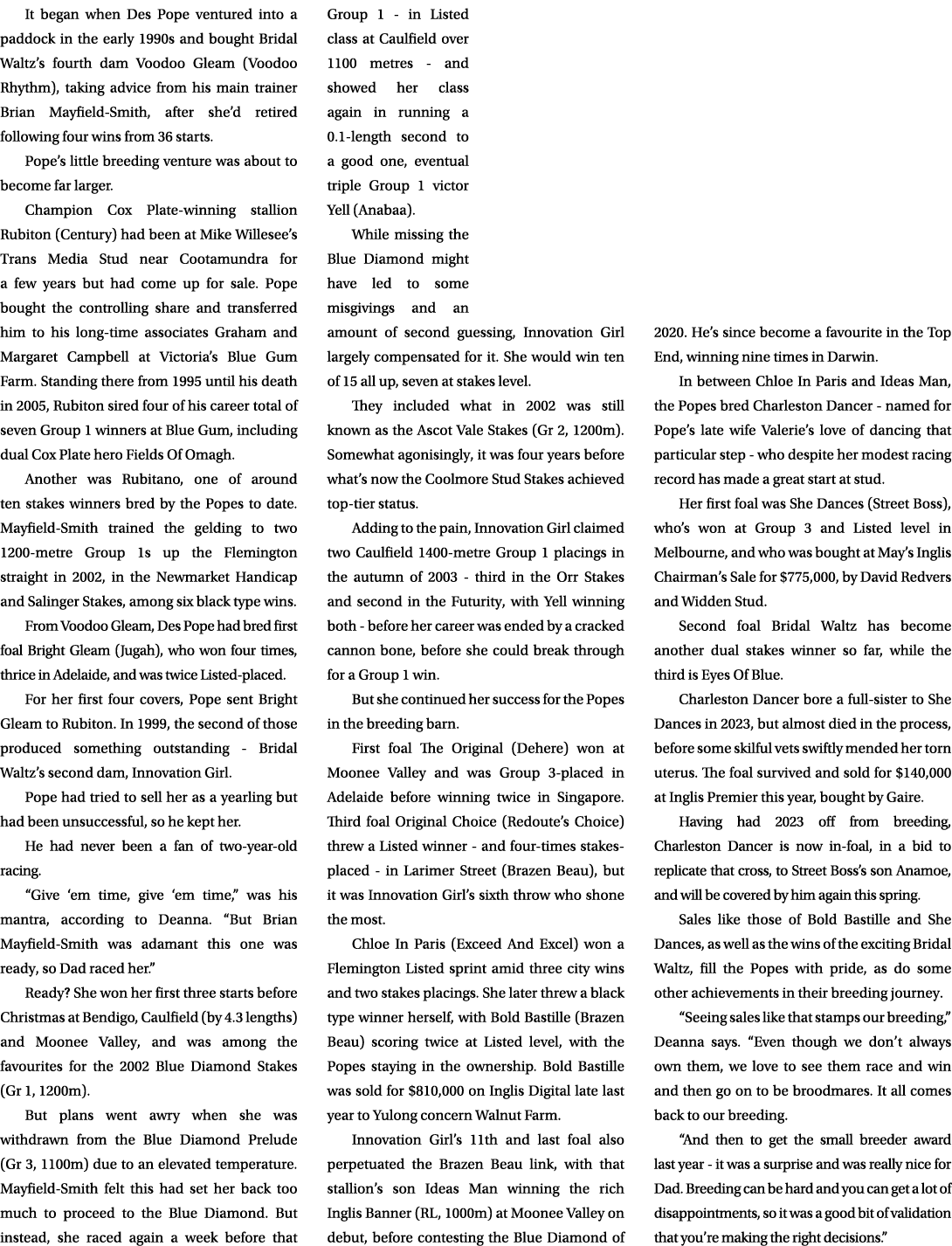 It began when Des Pope ventured into a paddock in the early 1990s and bought Bridal Waltz’s fourth dam Voodoo Gleam (...