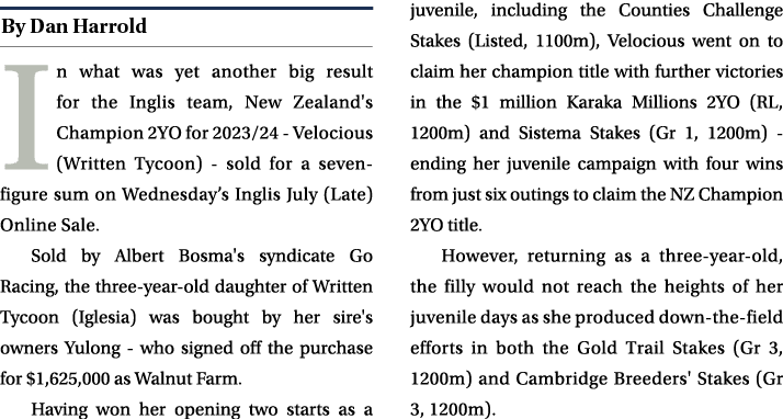 ￼ In what was yet another big result for the Inglis team, New Zealand's Champion 2YO for 2023/24 Velocious (Written T...