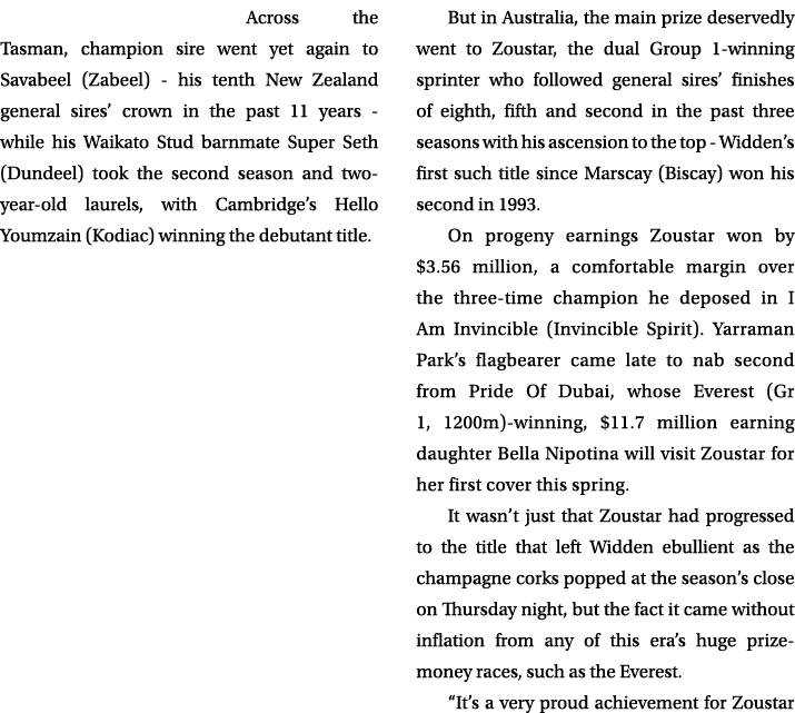 Across the Tasman, champion sire went yet again to Savabeel (Zabeel) his tenth New Zealand general sires’ crown in th...